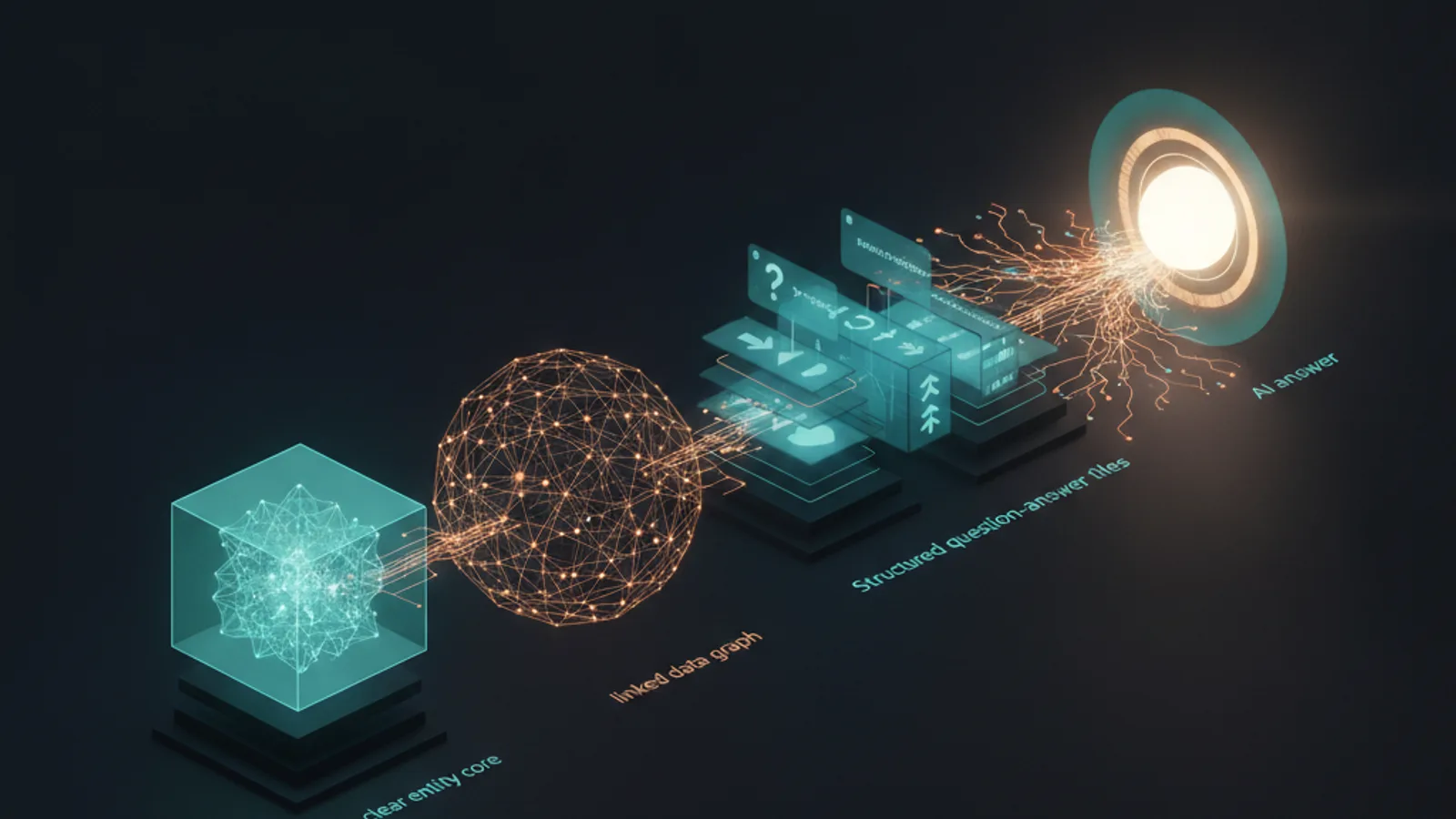 Vier verkettete Leistungsbausteine einer GEO-Agentur - Entität, Daten-Graph, zitierfähige Antworten und Off-Page-Autorität, die zu einer bright leuchtenden KI-Antwort zusammenlaufen