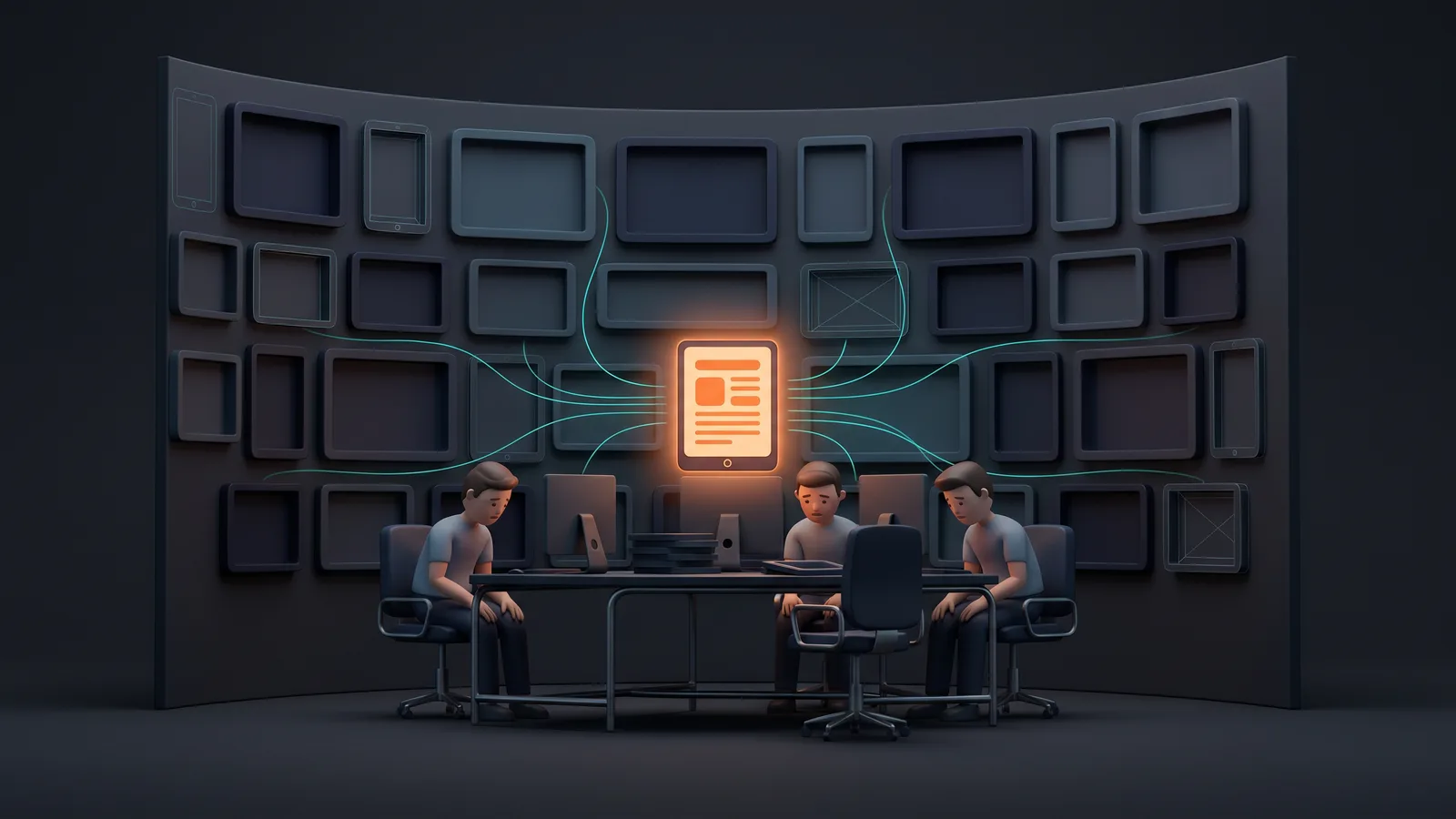 Ein kleines Marketing-Team mit einem fertigen Stück Content, während viele Kanal-Plätze leer und unbespielt bleiben