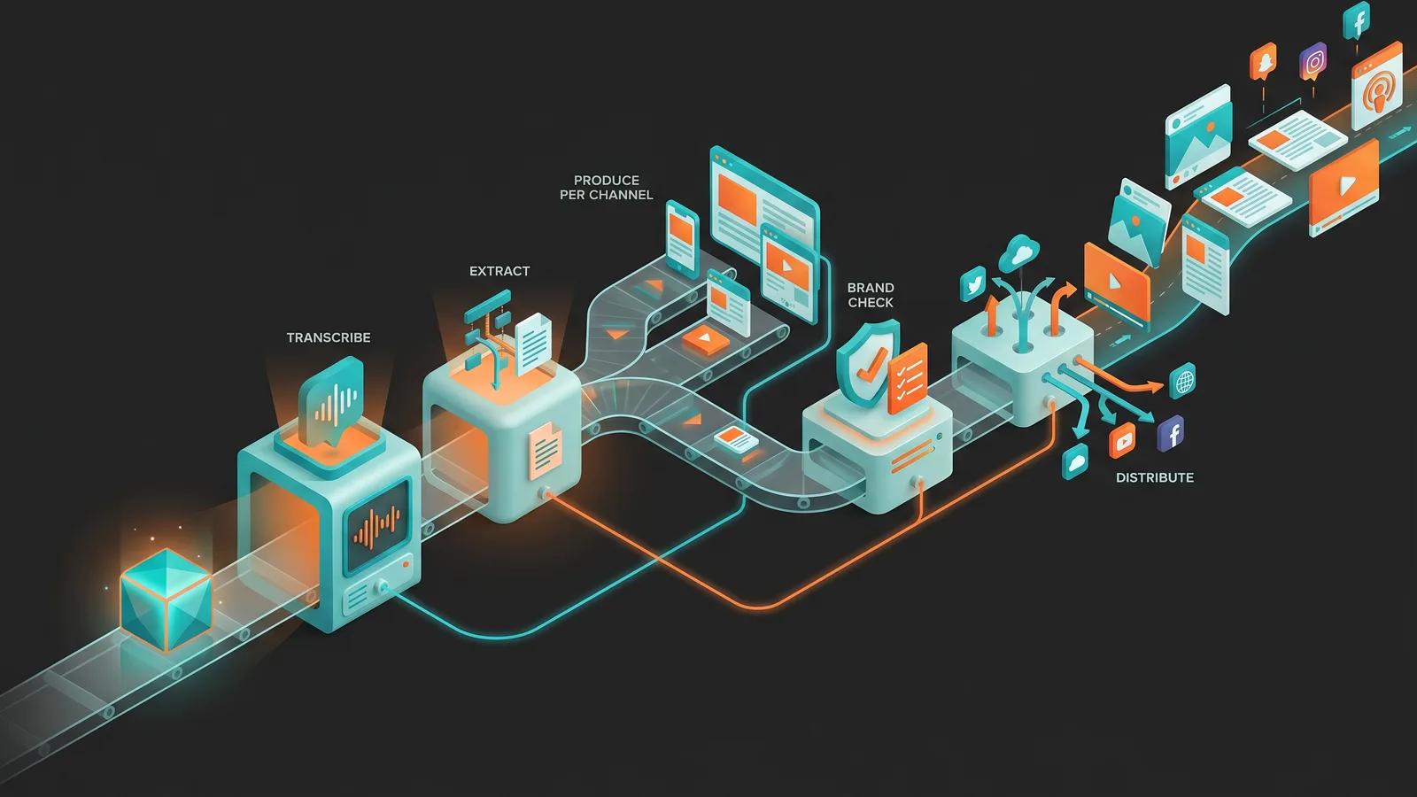 Automatisierte Content-Pipeline als Förderband: Hero-Asset rein, gestaffelte Welle fertiger Outputs raus