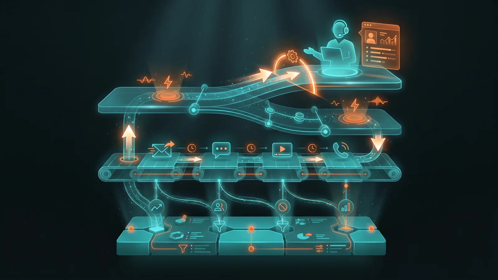 Geschichtete Architektur einer Follow-up-Sequenz: Segmentierung, getaktete Multi-Channel-Touchpoints, Engagement-Trigger und automatische Eskalation eines heißen Leads an einen menschlichen Vertriebsmitarbeiter.