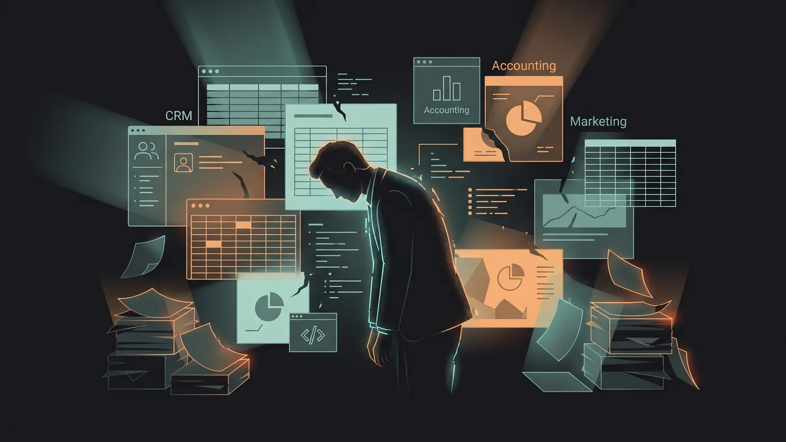 Mitarbeiter zwischen vielen getrennten Systemen und Excel-Tabellen, der Daten manuell zusammensuchen muss