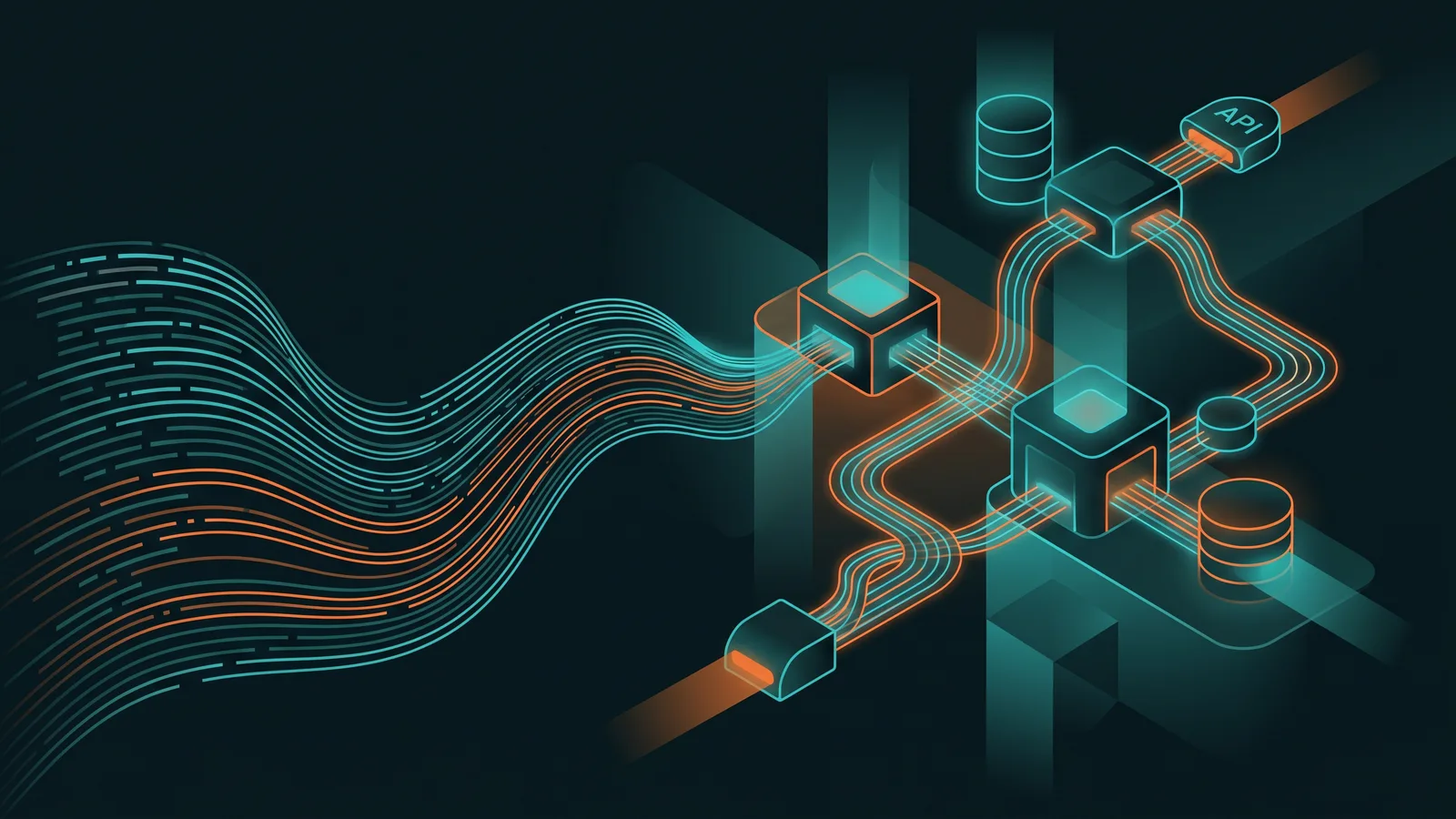 Abstrakte Darstellung von KI-gestützter Softwareentwicklung mit vernetzten Code-Modulen, API-Verbindungen und Datenbanken
