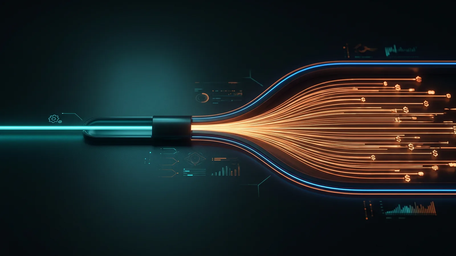 Ein sehr dünner automatisierter Eingangsstrom weitet sich rechts zu einem großen Umsatzfluss - kleiner Input, große Wirkung.