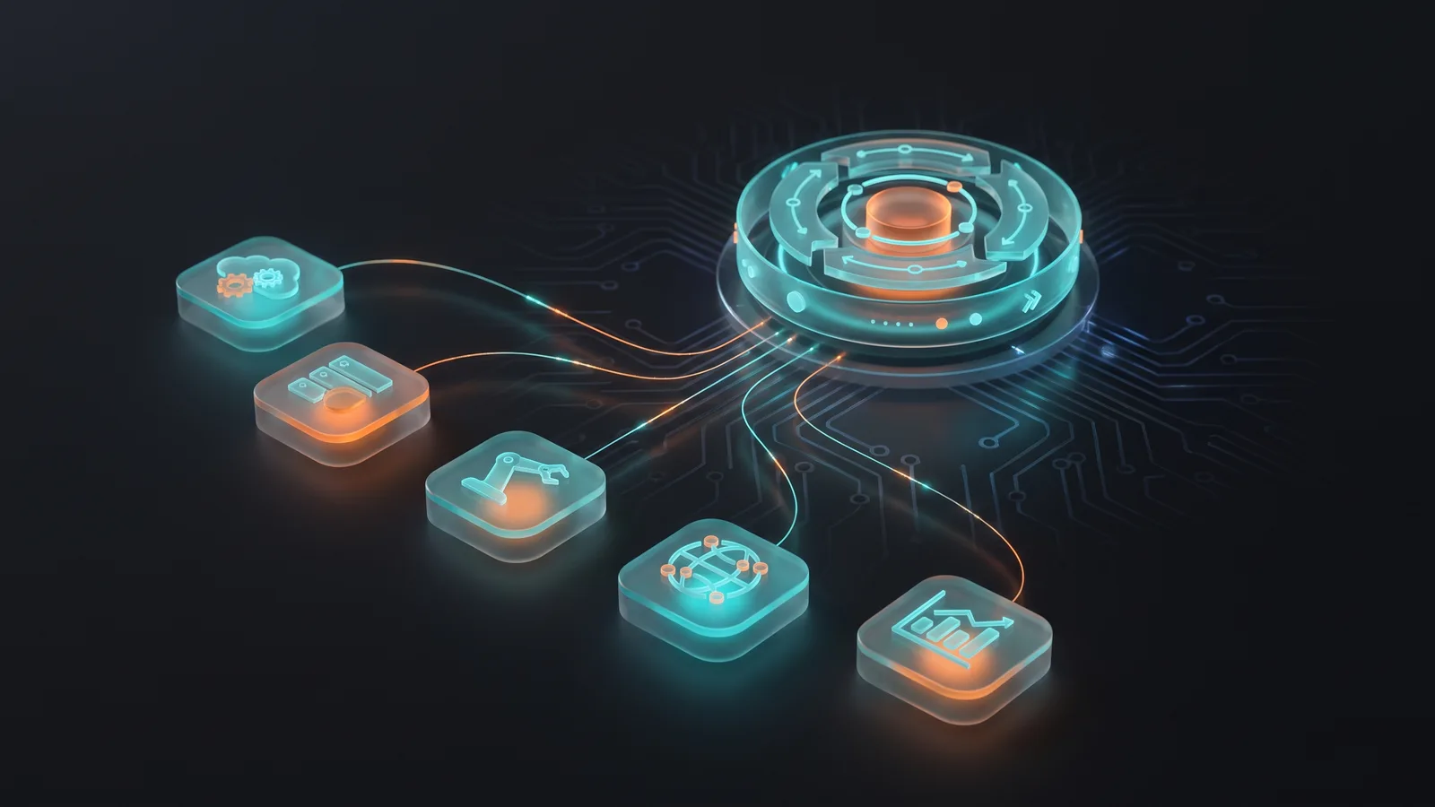 Mehrere getrennte Systeme werden über einen zentralen automatisierten Workflow miteinander verbunden - im AUTIMA-Design.