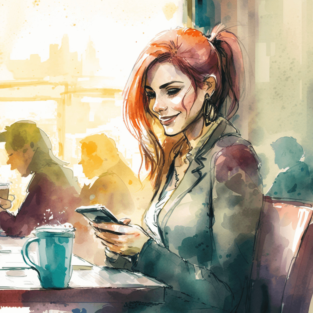 junge Frau schaut in einem Cafe auf ihr Handy